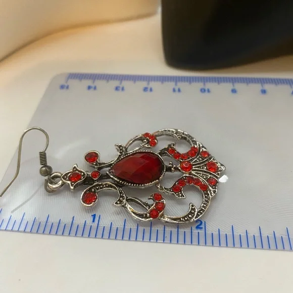 bling ruby red chandelier earrings, costume, fish hook, new. - Picture 5 of 5